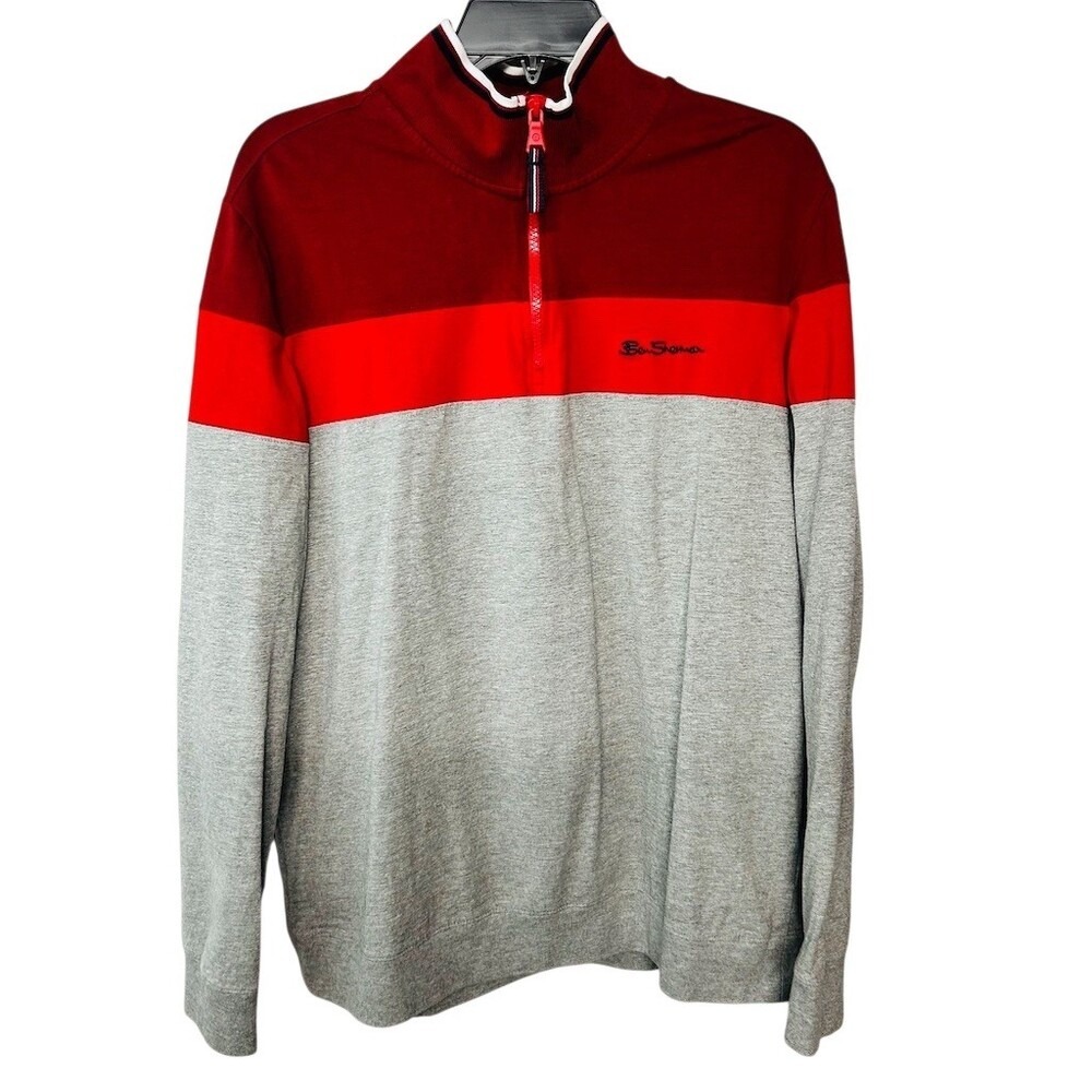 Ben Sherman Men's Quarter Zip Colorblock Pullover Sweatshirt Red/Gray L Top - Picture 2 of 8